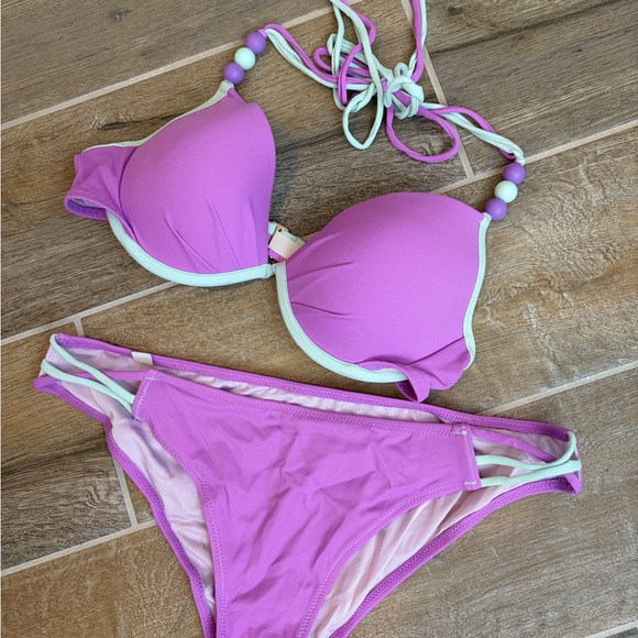 Victoria's Secret Other - Victoria's Secret Pink & White Beaded Halter Bikini